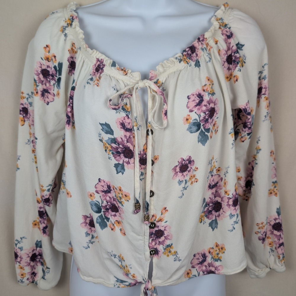 Rewind Floral Long Sleeve Peasant Top Cream Purple Tie‎ Front Blouse Medium
